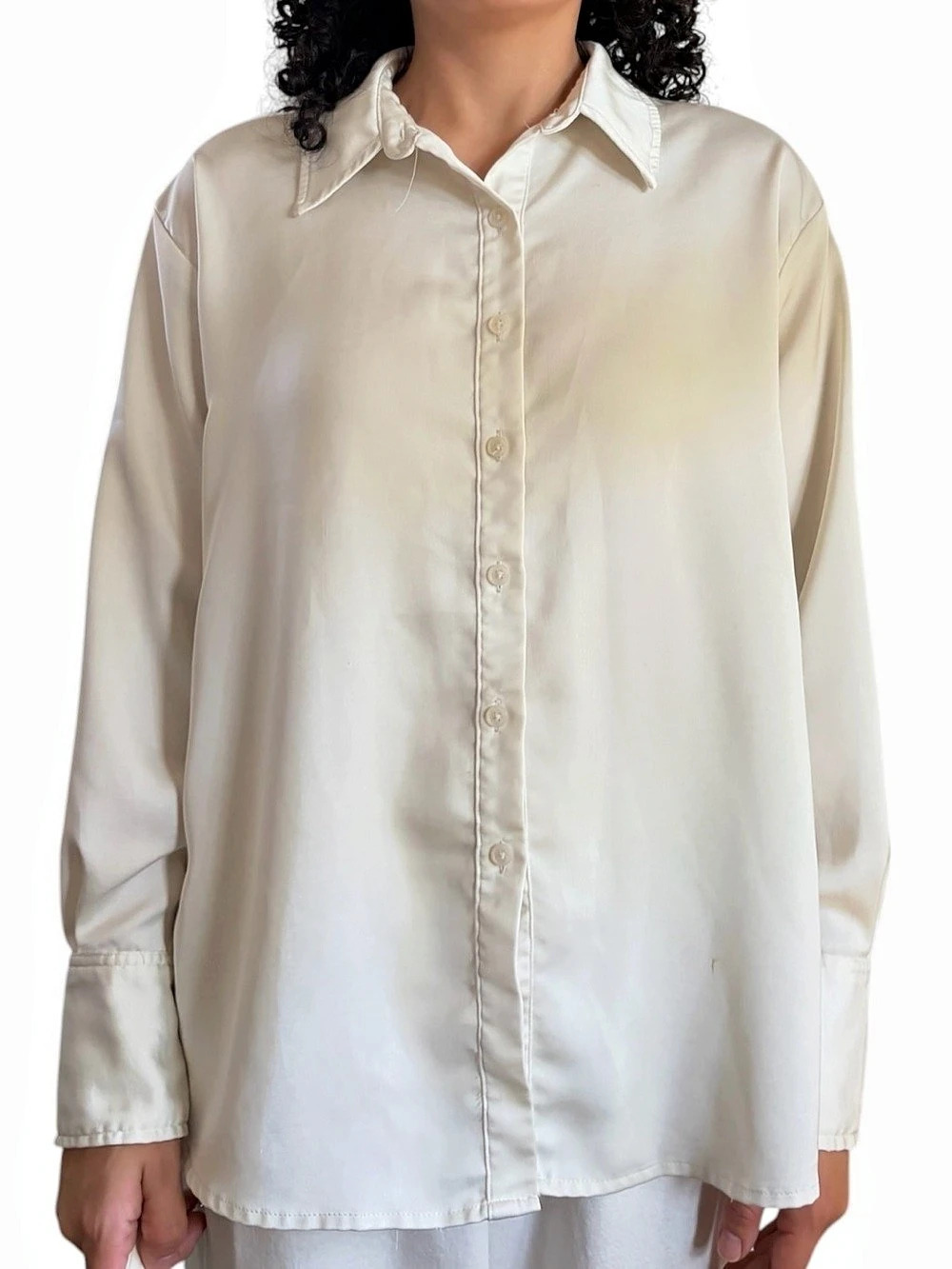 a.new.day Women's Long Sleeve Oversized Satin Button-Down Shirt in Cream